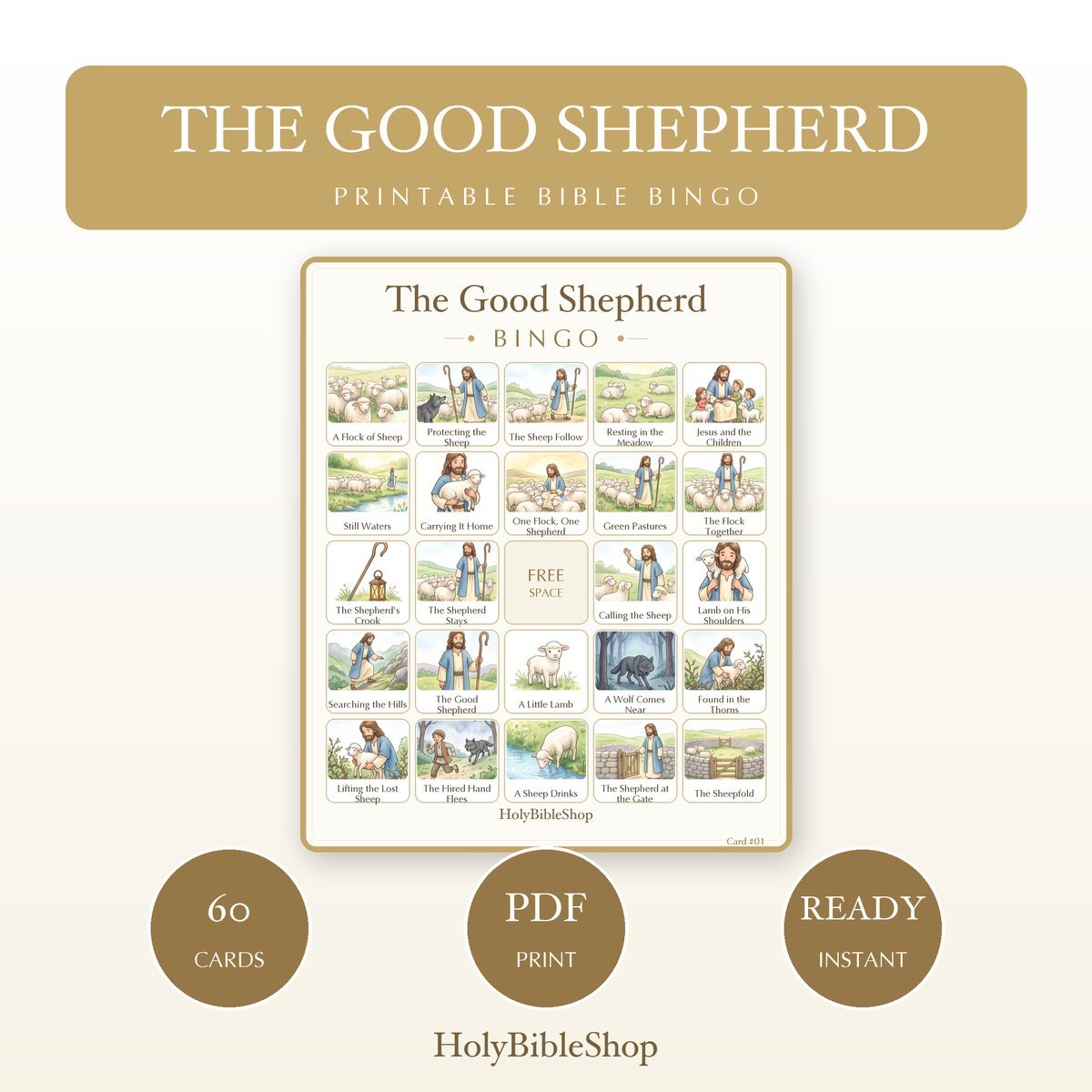 The Good Shepherd Bingo | Printable Bible Bingo Game for Kids | 60 Cards Sunday School VBS Christian Watercolor PDF