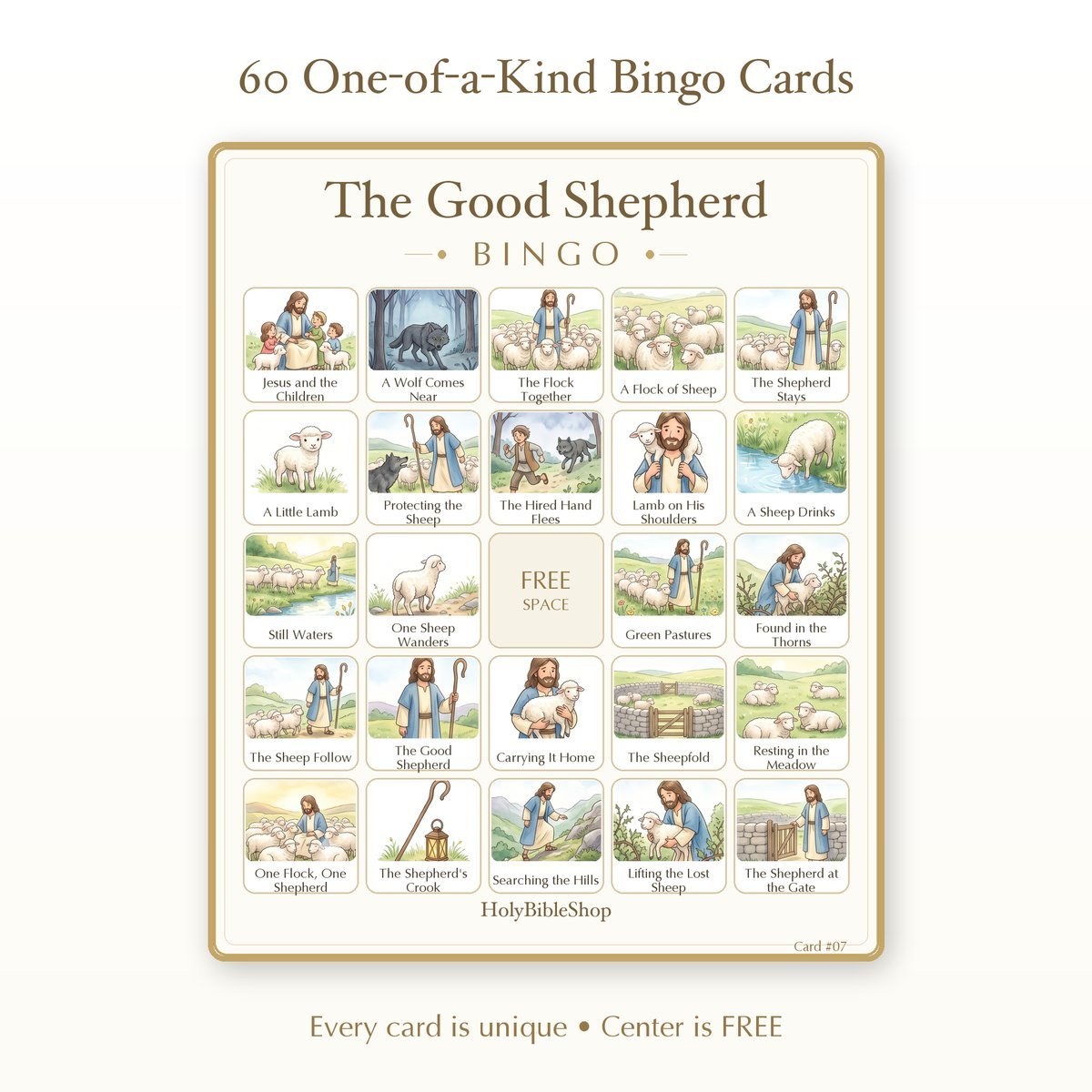 The Good Shepherd Bingo | Printable Bible Bingo Game for Kids | 60 Cards Sunday School VBS Christian Watercolor PDF — image 2