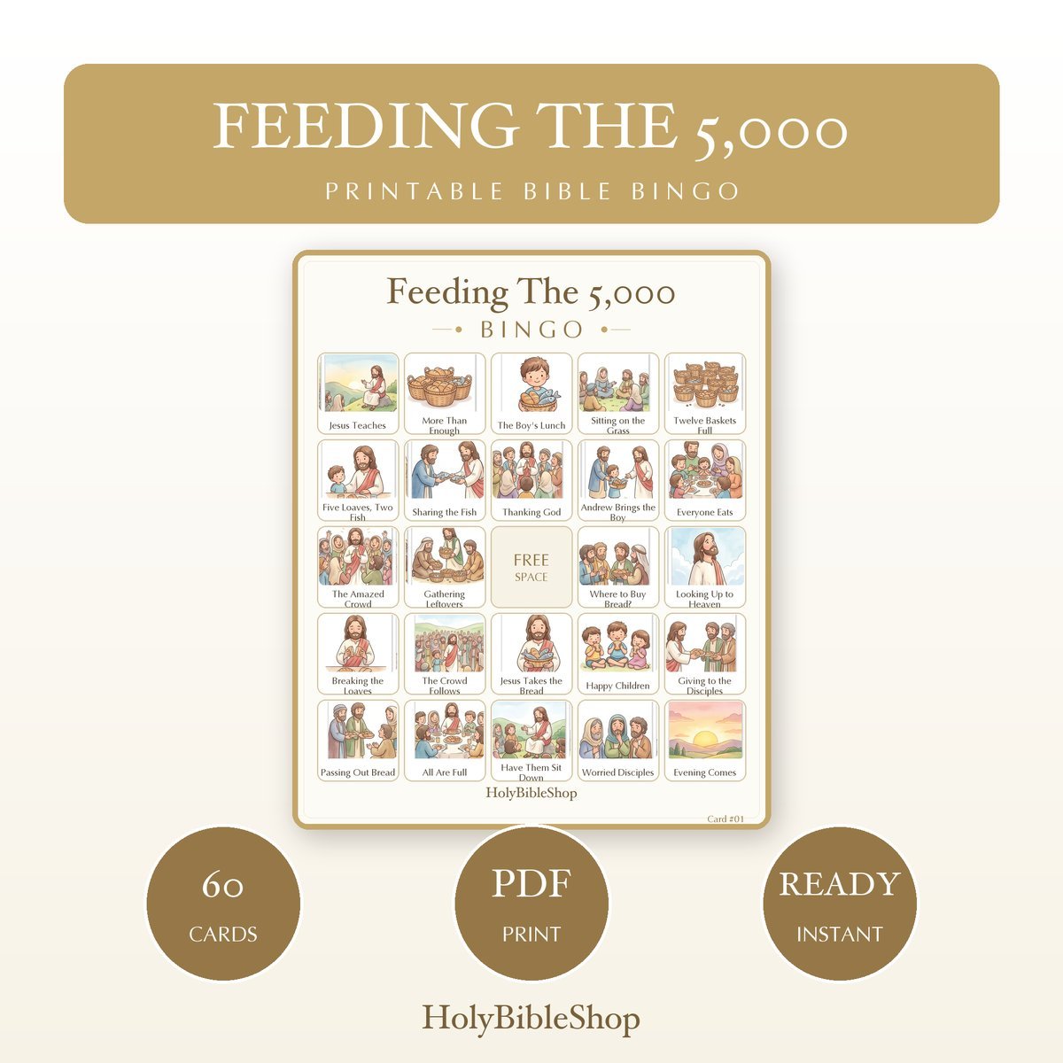 Feeding The 5,000 Bingo | Printable Bible Bingo Game for Kids | 60 Cards Sunday School VBS Christian Watercolor PDF