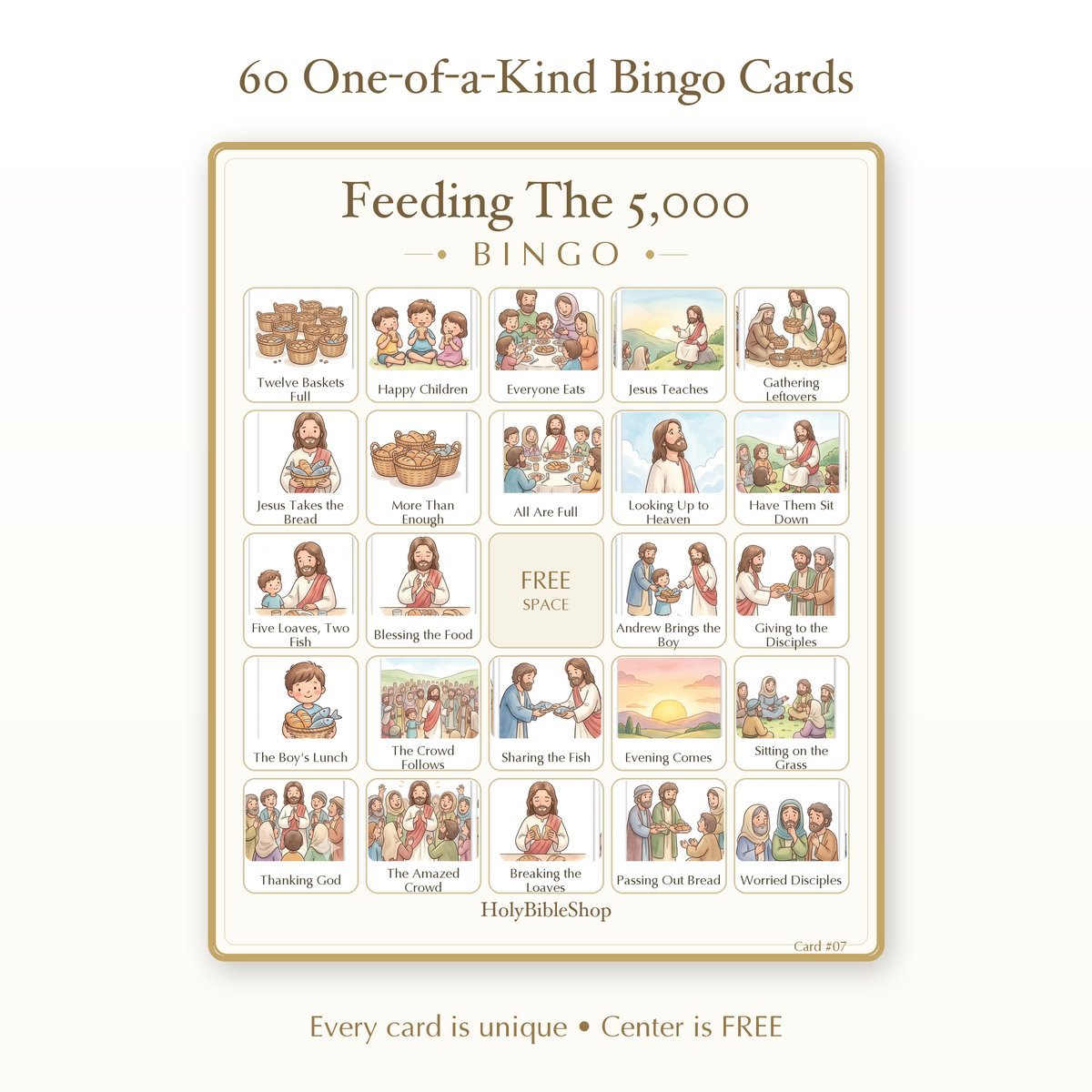 Feeding The 5,000 Bingo | Printable Bible Bingo Game for Kids | 60 Cards Sunday School VBS Christian Watercolor PDF — image 2