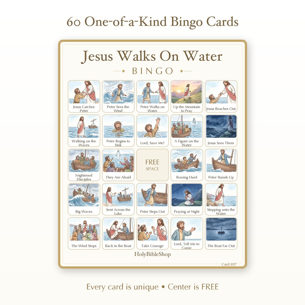 Jesus Walks On Water Bingo | Printable Bible Bingo Game for Kids | 60 Cards Sunday School VBS Christian Watercolor PDF — image 2