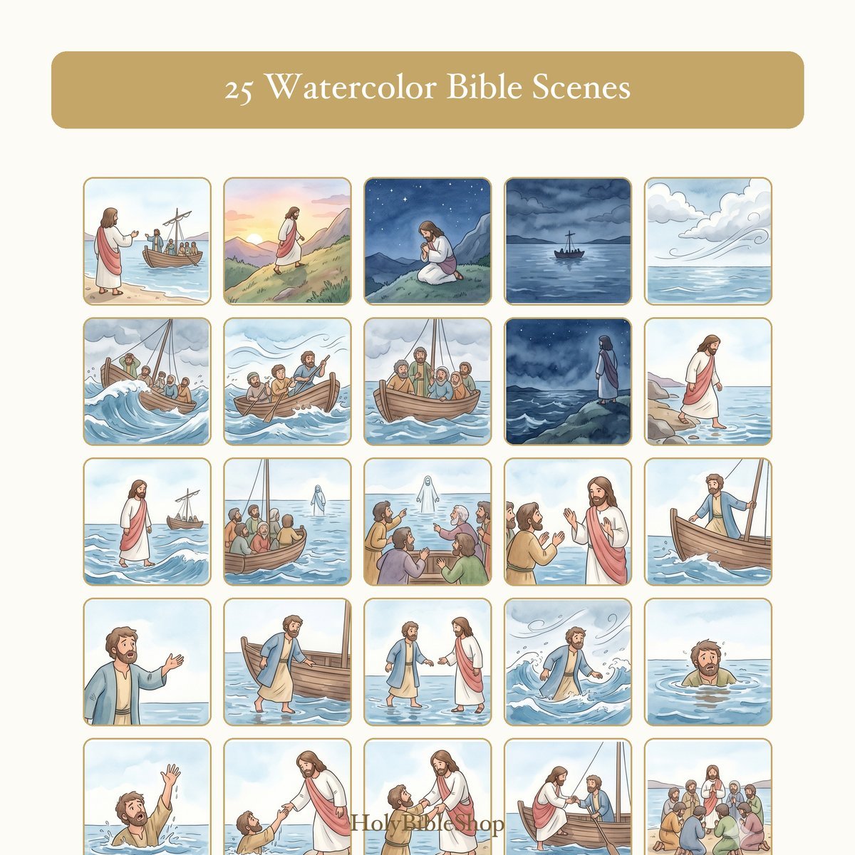 Jesus Walks On Water Bingo | Printable Bible Bingo Game for Kids | 60 Cards Sunday School VBS Christian Watercolor PDF — image 3