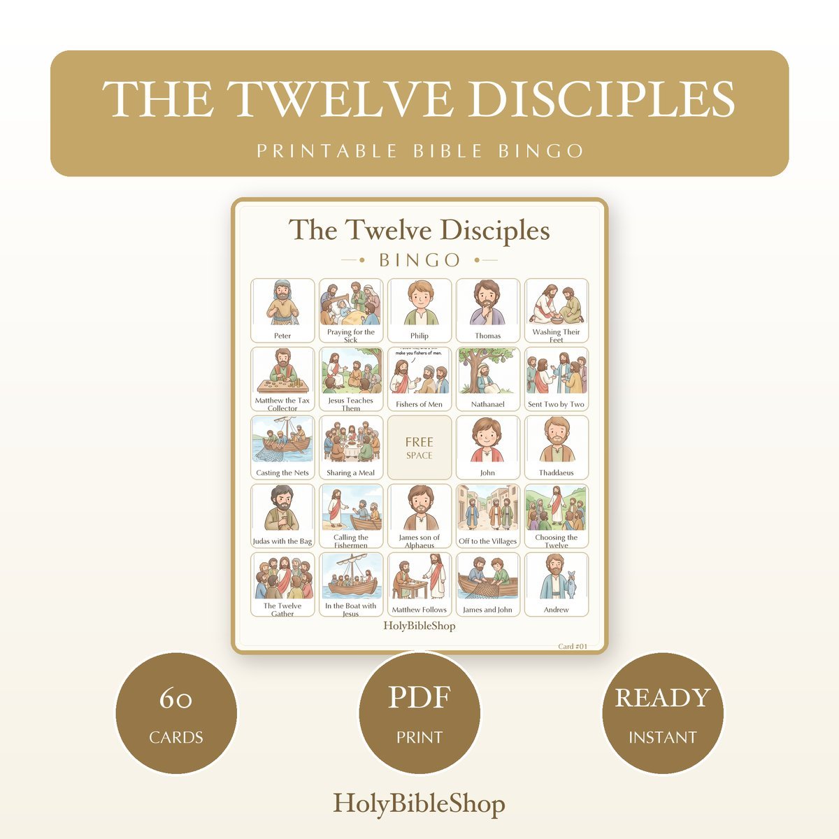 The Twelve Disciples Bingo | Printable Bible Bingo Game for Kids | 60 Cards Sunday School VBS Christian Watercolor PDF