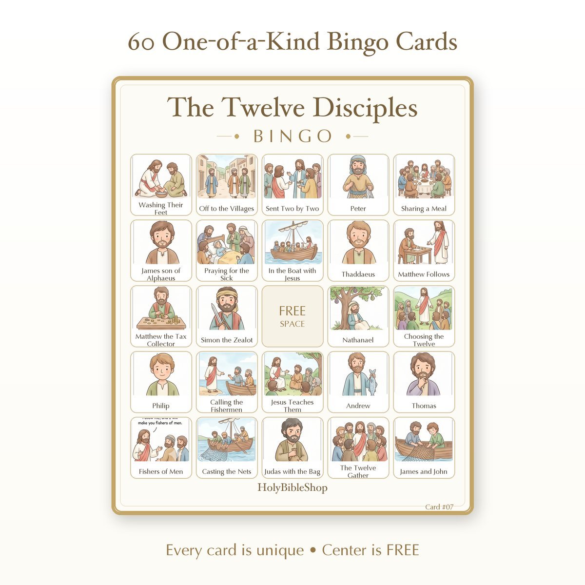 The Twelve Disciples Bingo | Printable Bible Bingo Game for Kids | 60 Cards Sunday School VBS Christian Watercolor PDF — image 2
