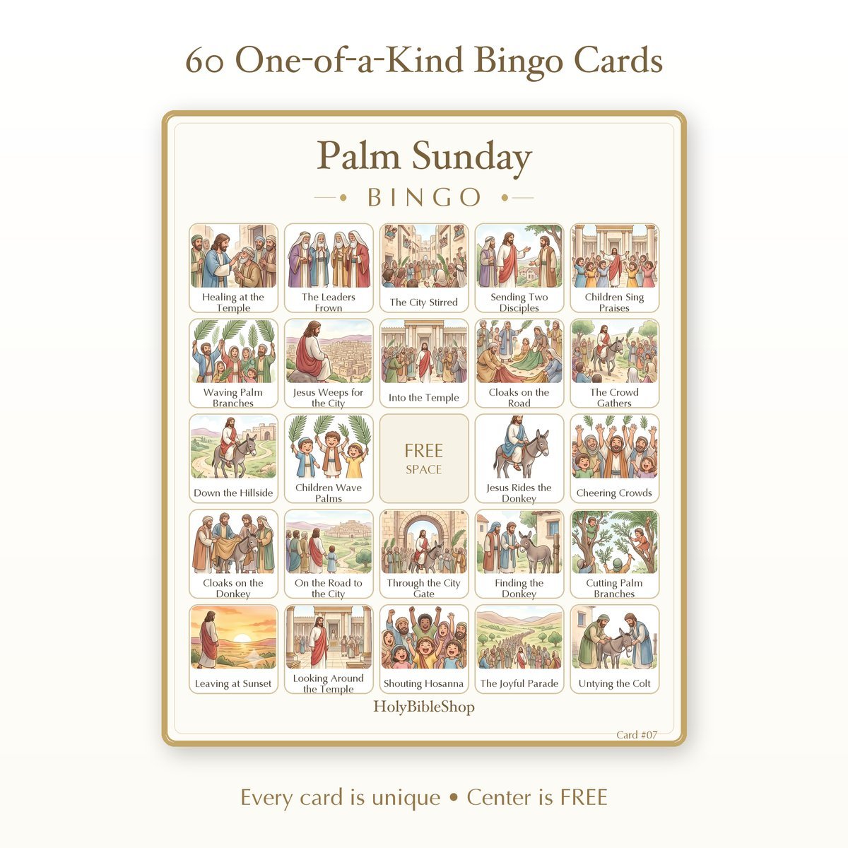 Palm Sunday Bingo | Printable Bible Bingo Game for Kids | 60 Cards Sunday School VBS Christian Watercolor PDF — image 2