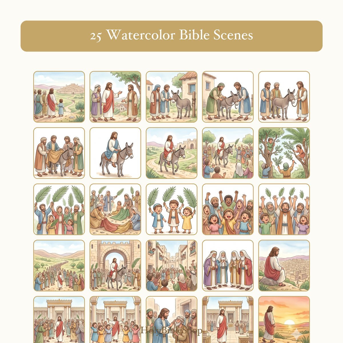 Palm Sunday Bingo | Printable Bible Bingo Game for Kids | 60 Cards Sunday School VBS Christian Watercolor PDF — image 3