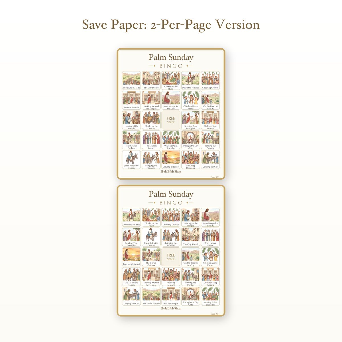 Palm Sunday Bingo | Printable Bible Bingo Game for Kids | 60 Cards Sunday School VBS Christian Watercolor PDF — image 6