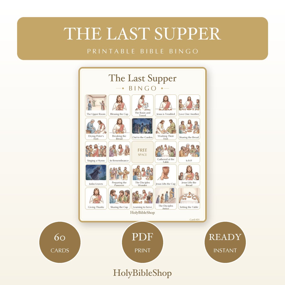 The Last Supper Bingo | Printable Bible Bingo Game for Kids | 60 Cards Sunday School VBS Christian Watercolor PDF