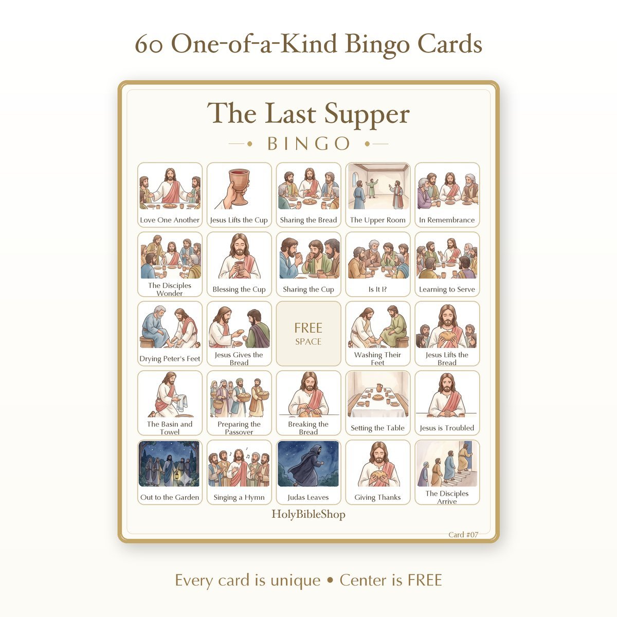 The Last Supper Bingo | Printable Bible Bingo Game for Kids | 60 Cards Sunday School VBS Christian Watercolor PDF — image 2