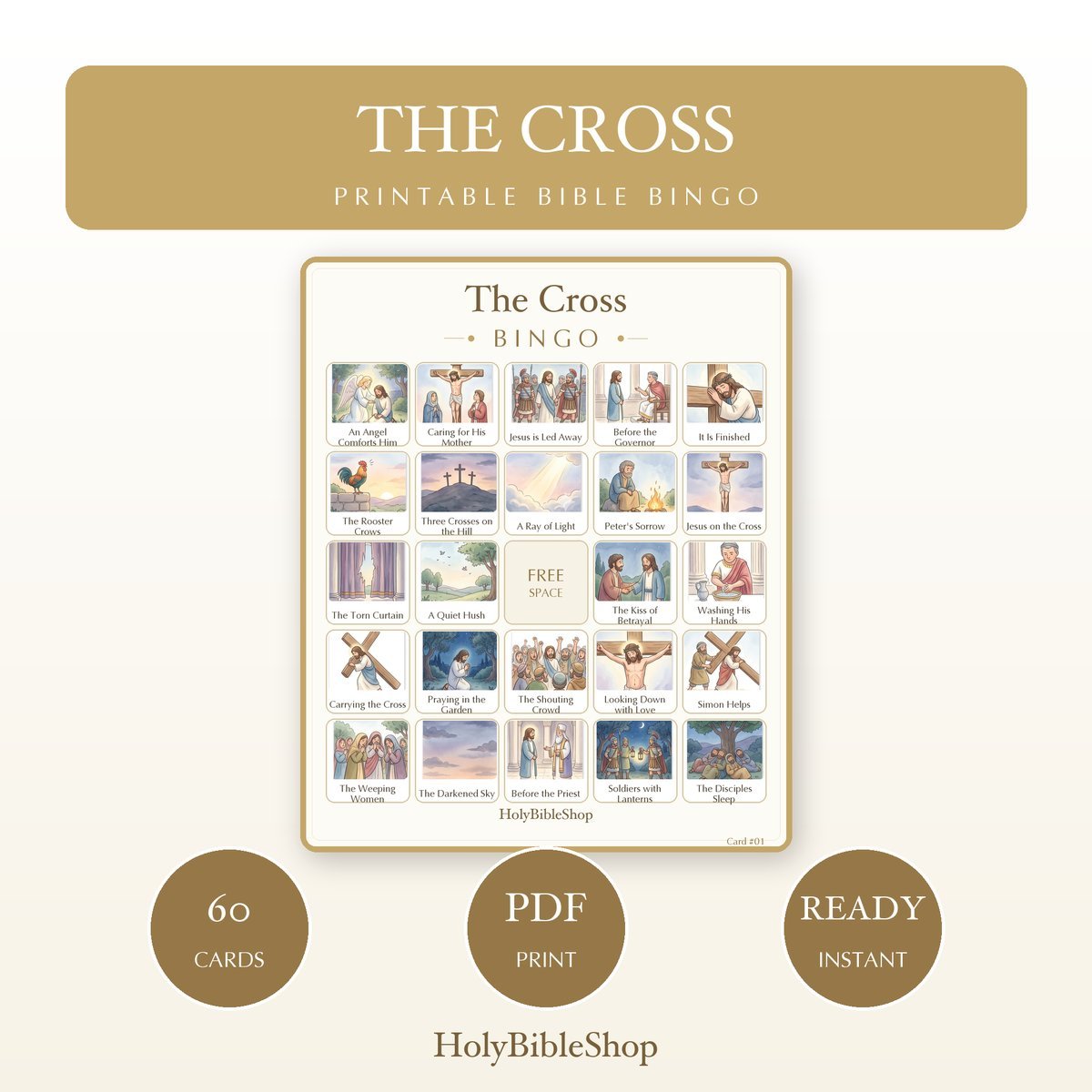 The Cross Bingo | Printable Bible Bingo Game for Kids | 60 Cards Sunday School VBS Christian Watercolor PDF