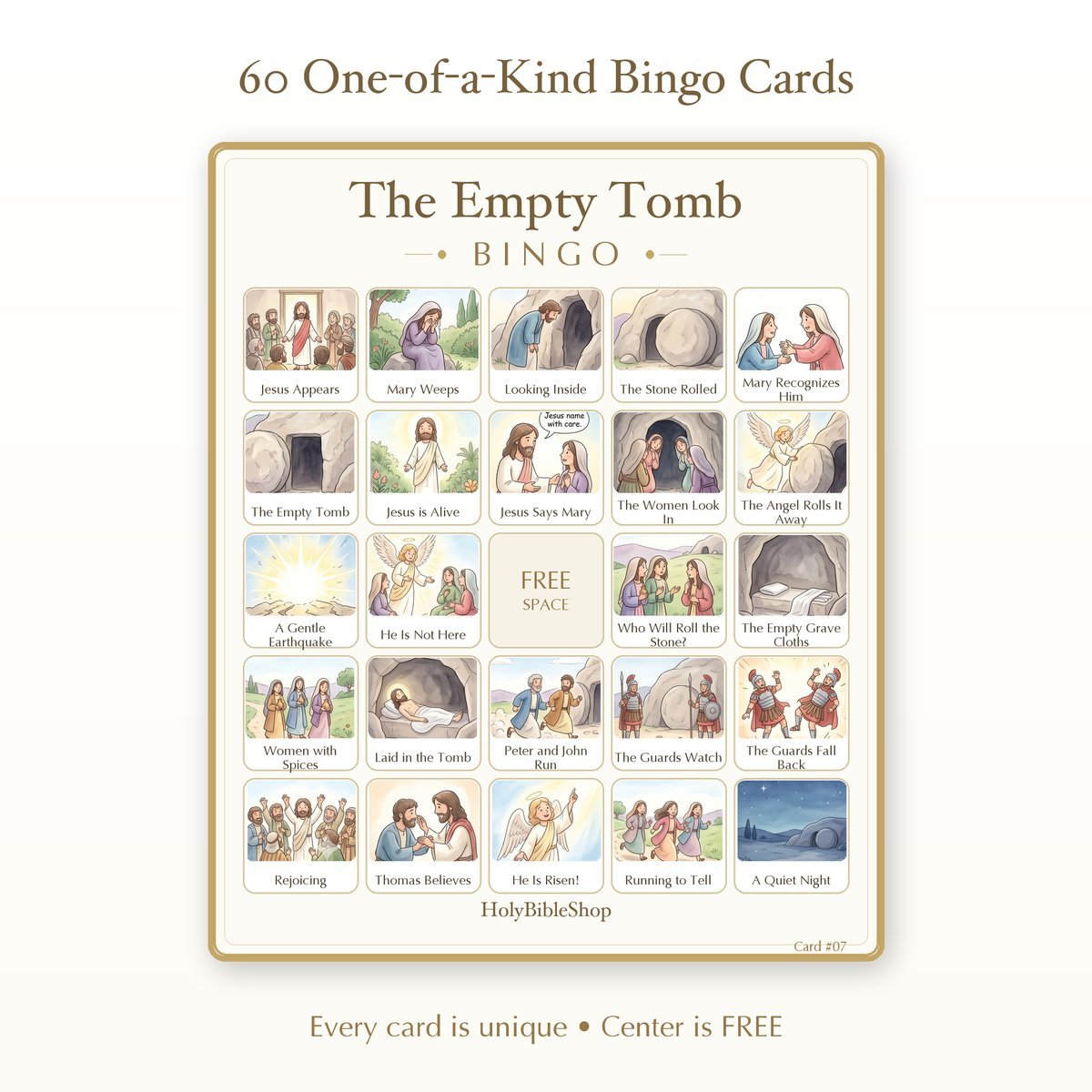 The Empty Tomb Bingo | Printable Bible Bingo Game for Kids | 60 Cards Sunday School VBS Christian Watercolor PDF — image 2