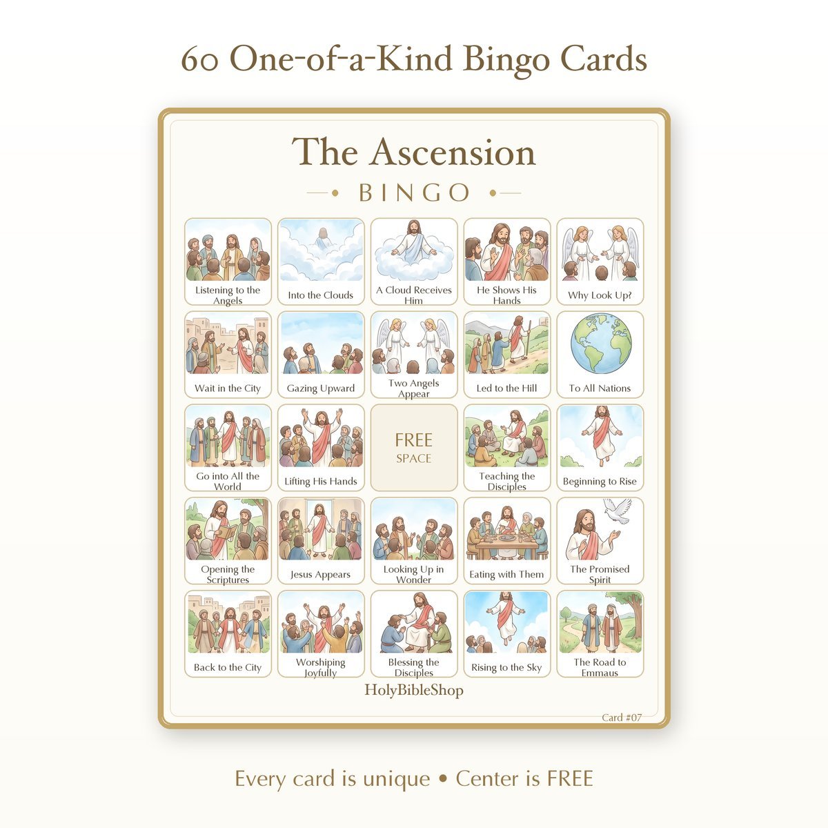 The Ascension Bingo | Printable Bible Bingo Game for Kids | 60 Cards Sunday School VBS Christian Watercolor PDF — image 2
