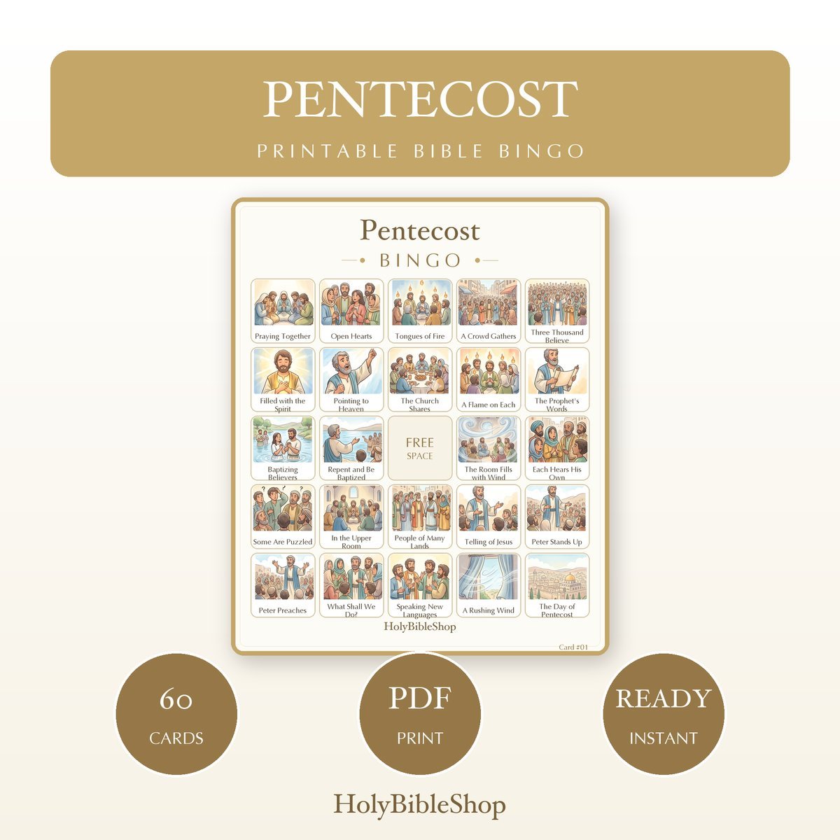 Pentecost Bingo | Printable Bible Bingo Game for Kids | 60 Cards Sunday School VBS Christian Watercolor PDF