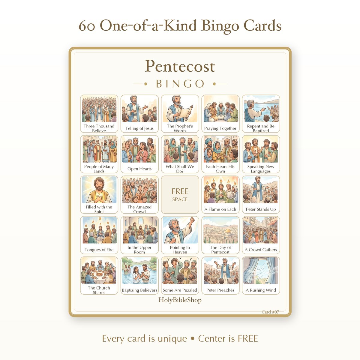 Pentecost Bingo | Printable Bible Bingo Game for Kids | 60 Cards Sunday School VBS Christian Watercolor PDF — image 2