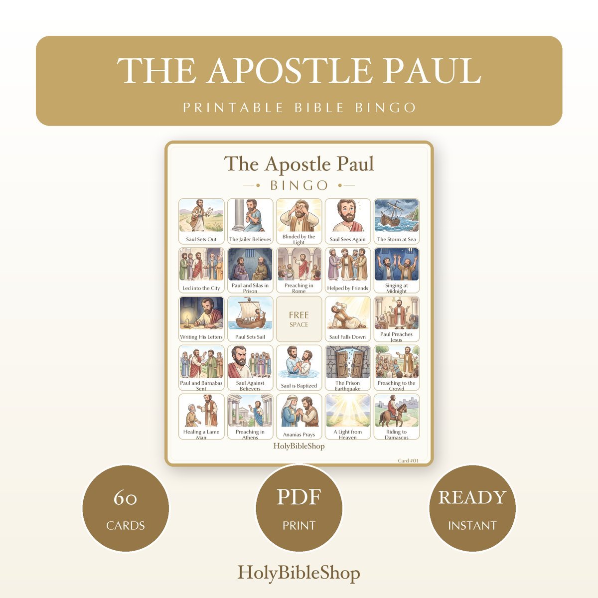 The Apostle Paul Bingo | Printable Bible Bingo Game for Kids | 60 Cards Sunday School VBS Christian Watercolor PDF