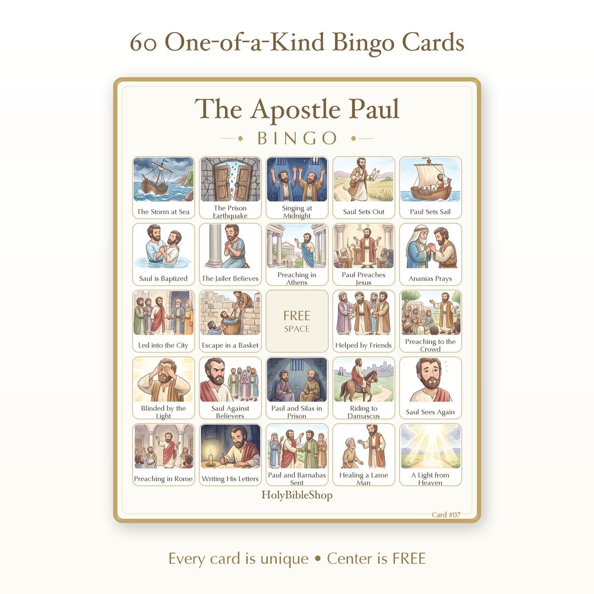 The Apostle Paul Bingo | Printable Bible Bingo Game for Kids | 60 Cards Sunday School VBS Christian Watercolor PDF — image 2