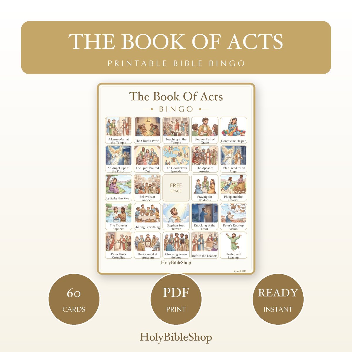 The Book Of Acts Bingo | Printable Bible Bingo Game for Kids | 60 Cards Sunday School VBS Christian Watercolor PDF