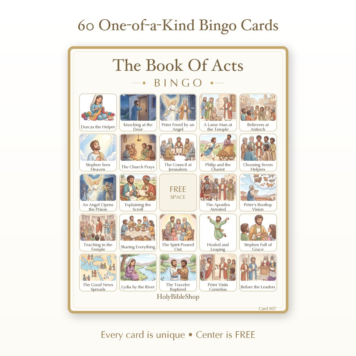 The Book Of Acts Bingo | Printable Bible Bingo Game for Kids | 60 Cards Sunday School VBS Christian Watercolor PDF — image 2