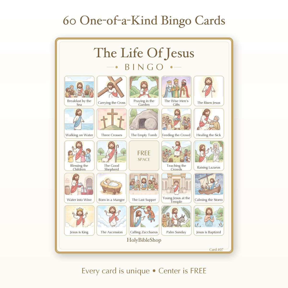 The Life Of Jesus Bingo | Printable Bible Bingo Game for Kids | 60 Cards Sunday School VBS Christian Watercolor PDF — image 2