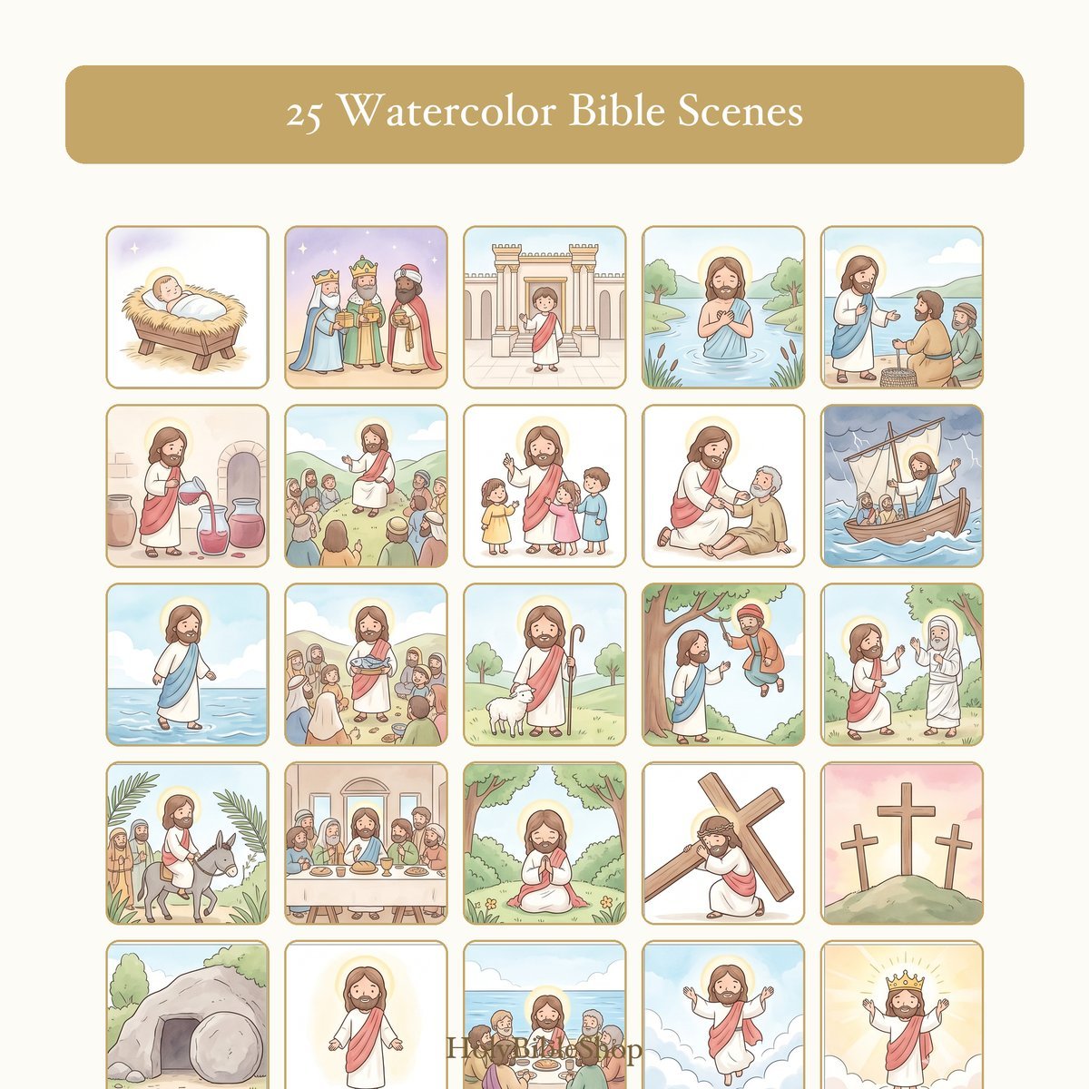 The Life Of Jesus Bingo | Printable Bible Bingo Game for Kids | 60 Cards Sunday School VBS Christian Watercolor PDF — image 3