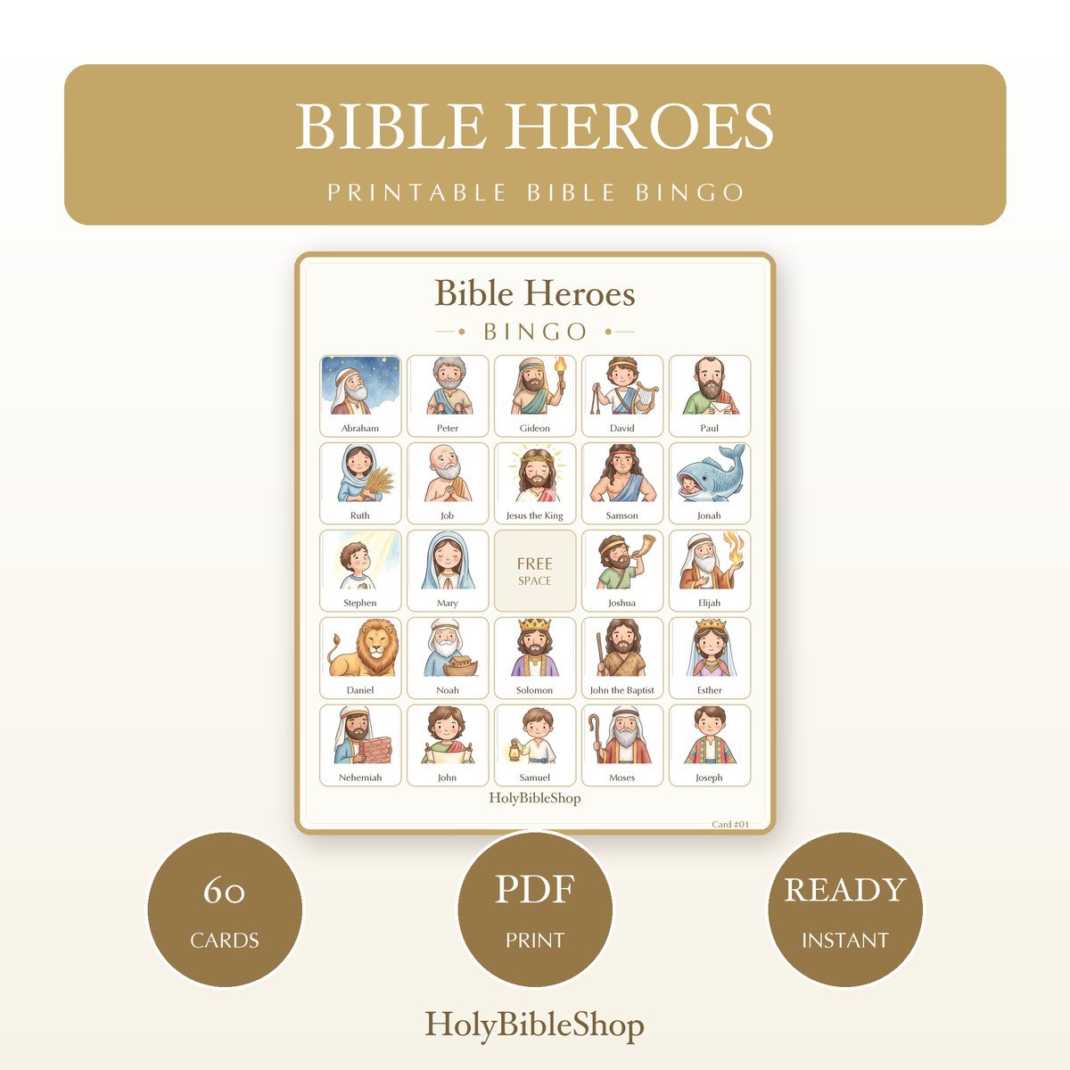 Bible Heroes Bingo | Printable Bible Bingo Game for Kids | 60 Cards Sunday School VBS Christian Watercolor PDF