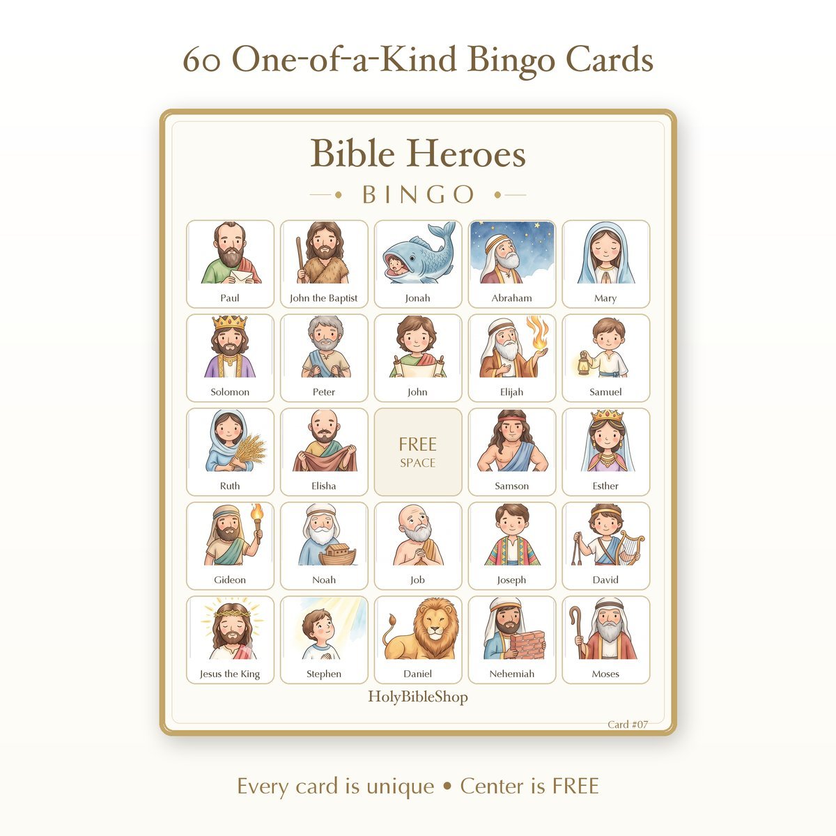 Bible Heroes Bingo | Printable Bible Bingo Game for Kids | 60 Cards Sunday School VBS Christian Watercolor PDF — image 2