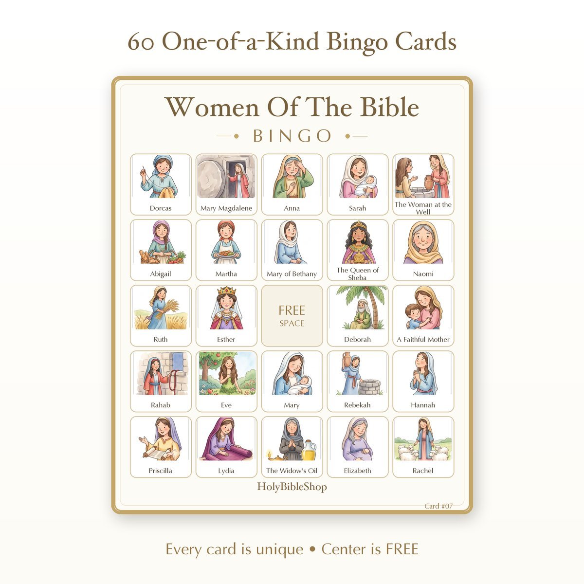 Women Of The Bible Bingo | Printable Bible Bingo Game for Kids | 60 Cards Sunday School VBS Christian Watercolor PDF — image 2