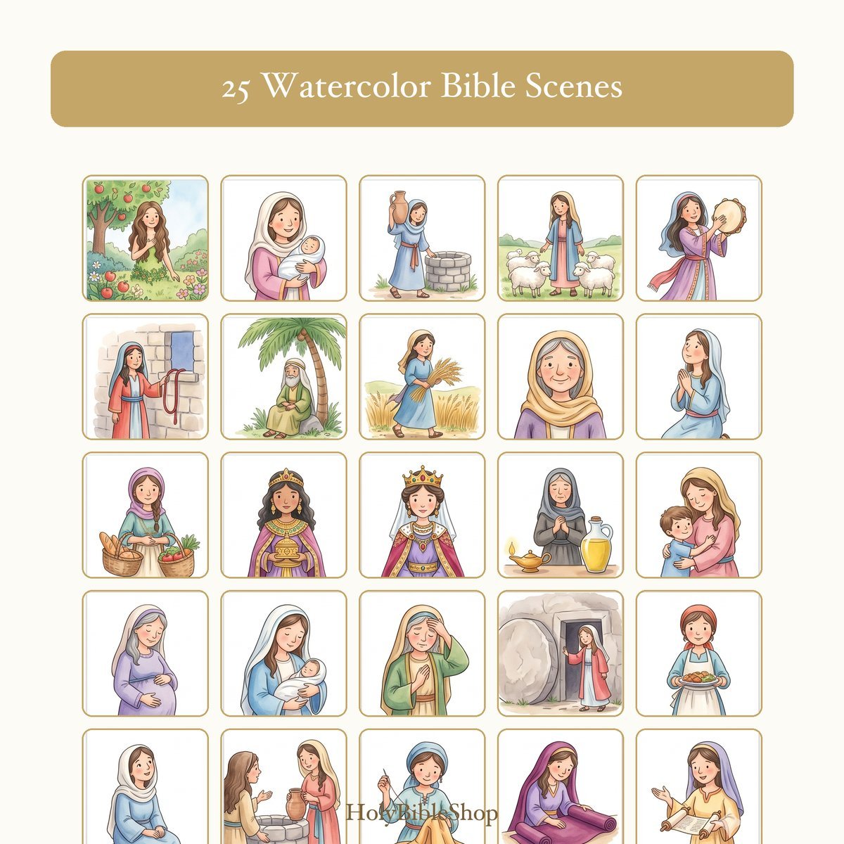 Women Of The Bible Bingo | Printable Bible Bingo Game for Kids | 60 Cards Sunday School VBS Christian Watercolor PDF — image 3