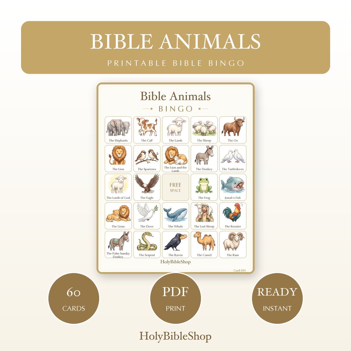 Bible Animals Bingo | Printable Bible Bingo Game for Kids | 60 Cards Sunday School VBS Christian Watercolor PDF