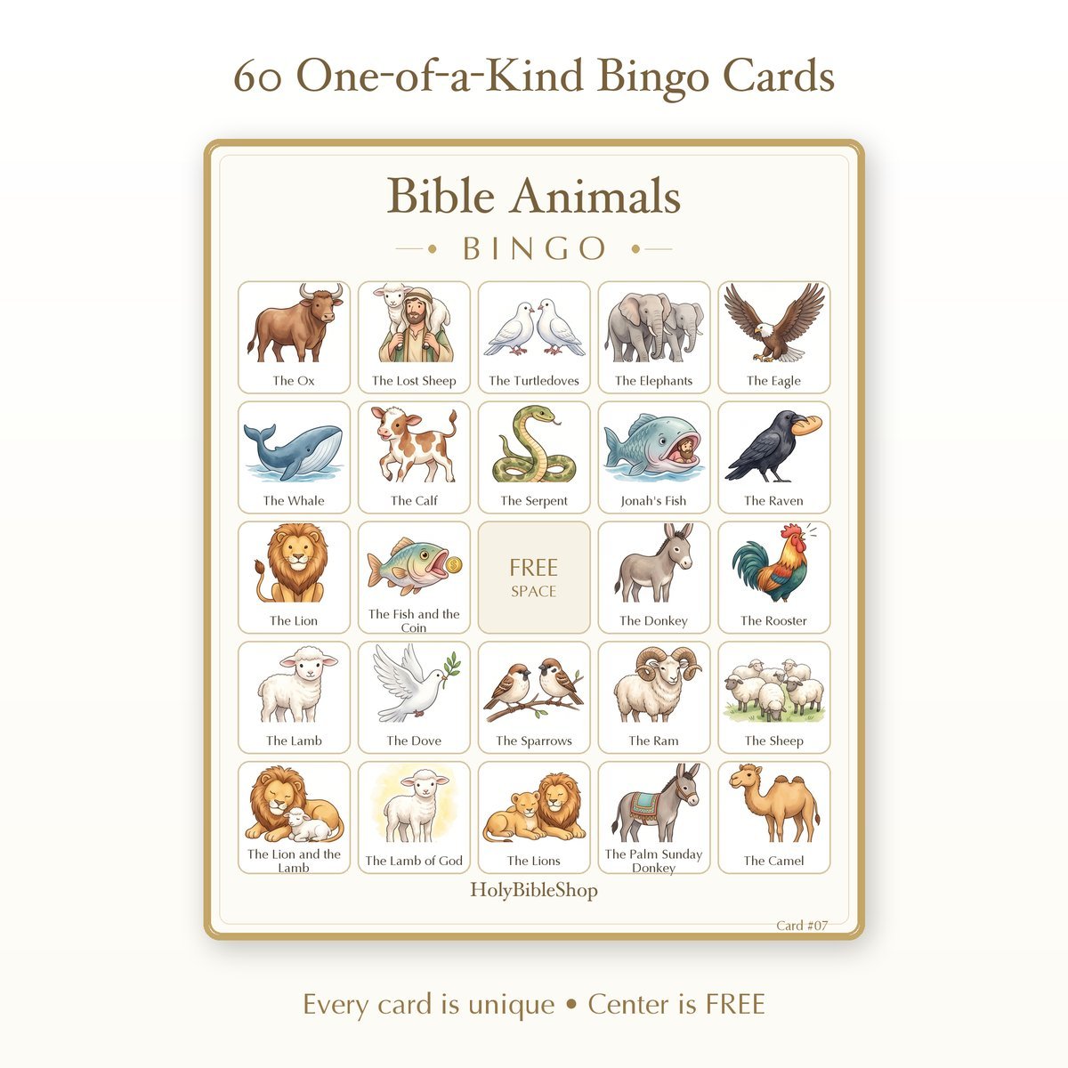 Bible Animals Bingo | Printable Bible Bingo Game for Kids | 60 Cards Sunday School VBS Christian Watercolor PDF — image 2