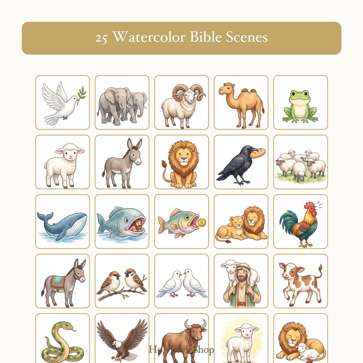 Bible Animals Bingo | Printable Bible Bingo Game for Kids | 60 Cards Sunday School VBS Christian Watercolor PDF — image 3