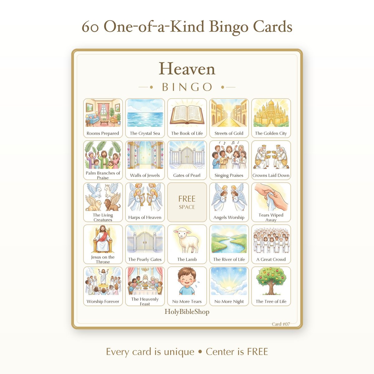Heaven Bingo | Printable Bible Bingo Game for Kids | 60 Cards Sunday School VBS Christian Watercolor PDF — image 2