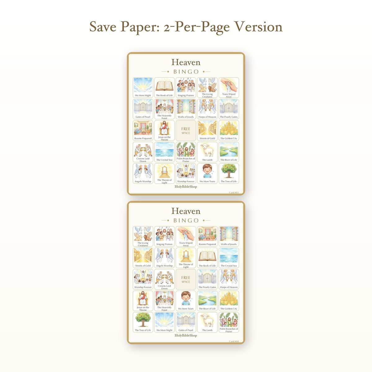 Heaven Bingo | Printable Bible Bingo Game for Kids | 60 Cards Sunday School VBS Christian Watercolor PDF — image 6
