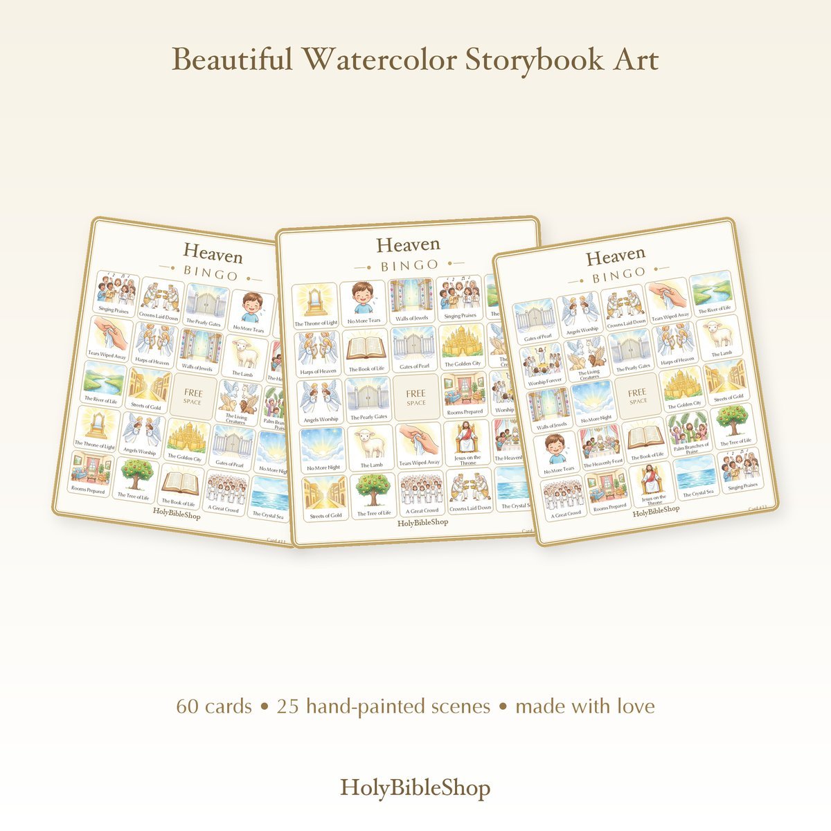 Heaven Bingo | Printable Bible Bingo Game for Kids | 60 Cards Sunday School VBS Christian Watercolor PDF — image 7