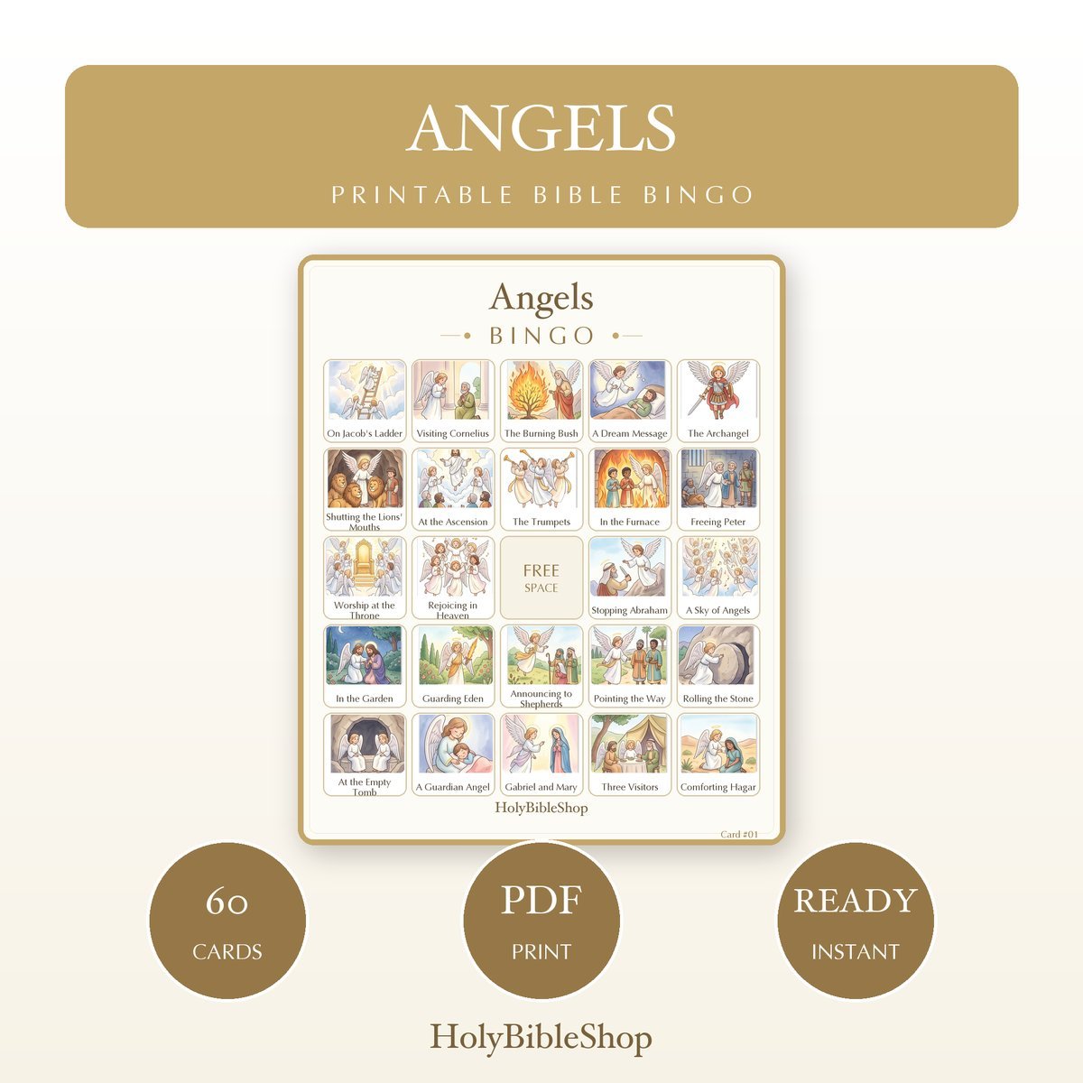 Angels Bingo | Printable Bible Bingo Game for Kids | 60 Cards Sunday School VBS Christian Watercolor PDF