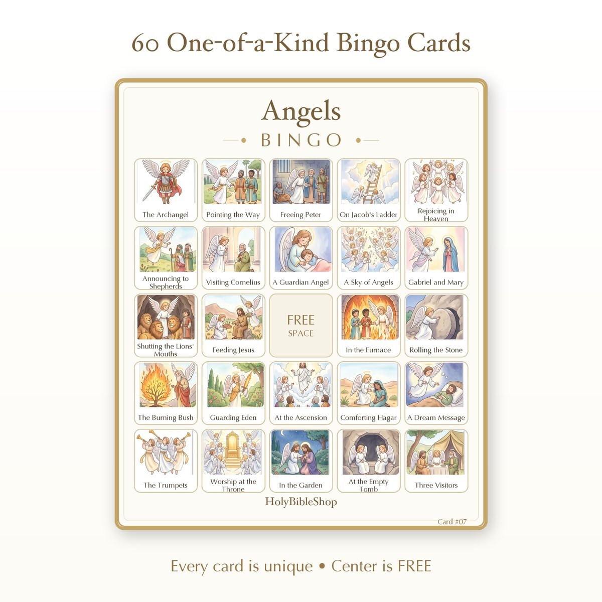 Angels Bingo | Printable Bible Bingo Game for Kids | 60 Cards Sunday School VBS Christian Watercolor PDF — image 2