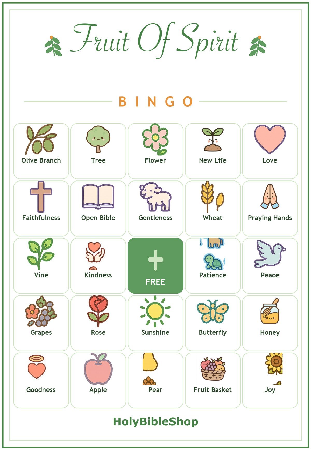Fruit of the Spirit Bingo, 60 Printable Christian Cards, Bible Character Game, Sunday School Activity, Kids Bible Game, Galatians 5