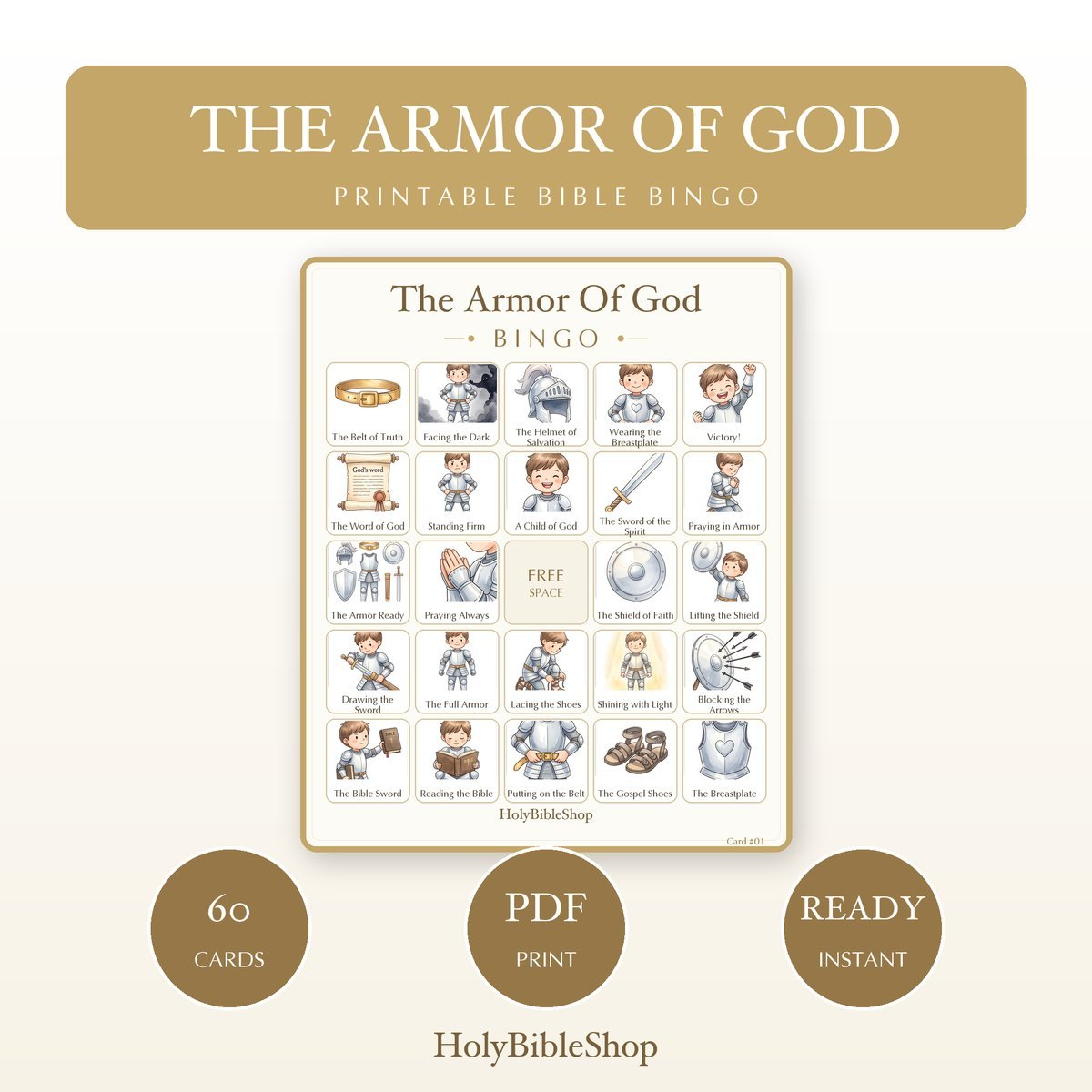 The Armor Of God Bingo | Printable Bible Bingo Game for Kids | 60 Cards Sunday School VBS Christian Watercolor PDF