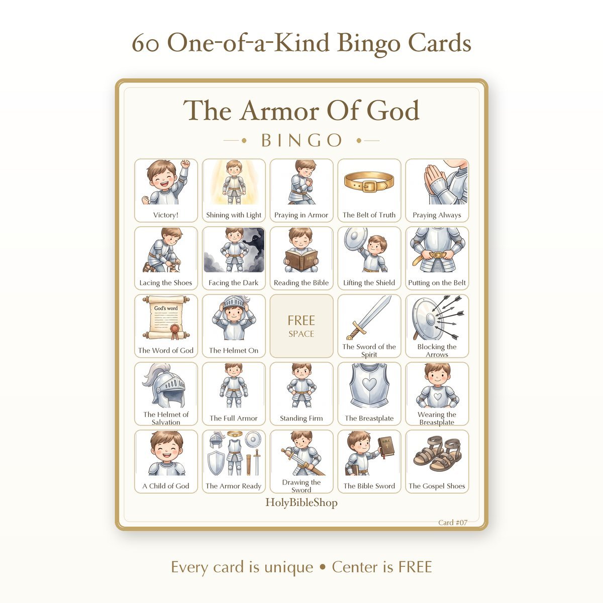 The Armor Of God Bingo | Printable Bible Bingo Game for Kids | 60 Cards Sunday School VBS Christian Watercolor PDF — image 2