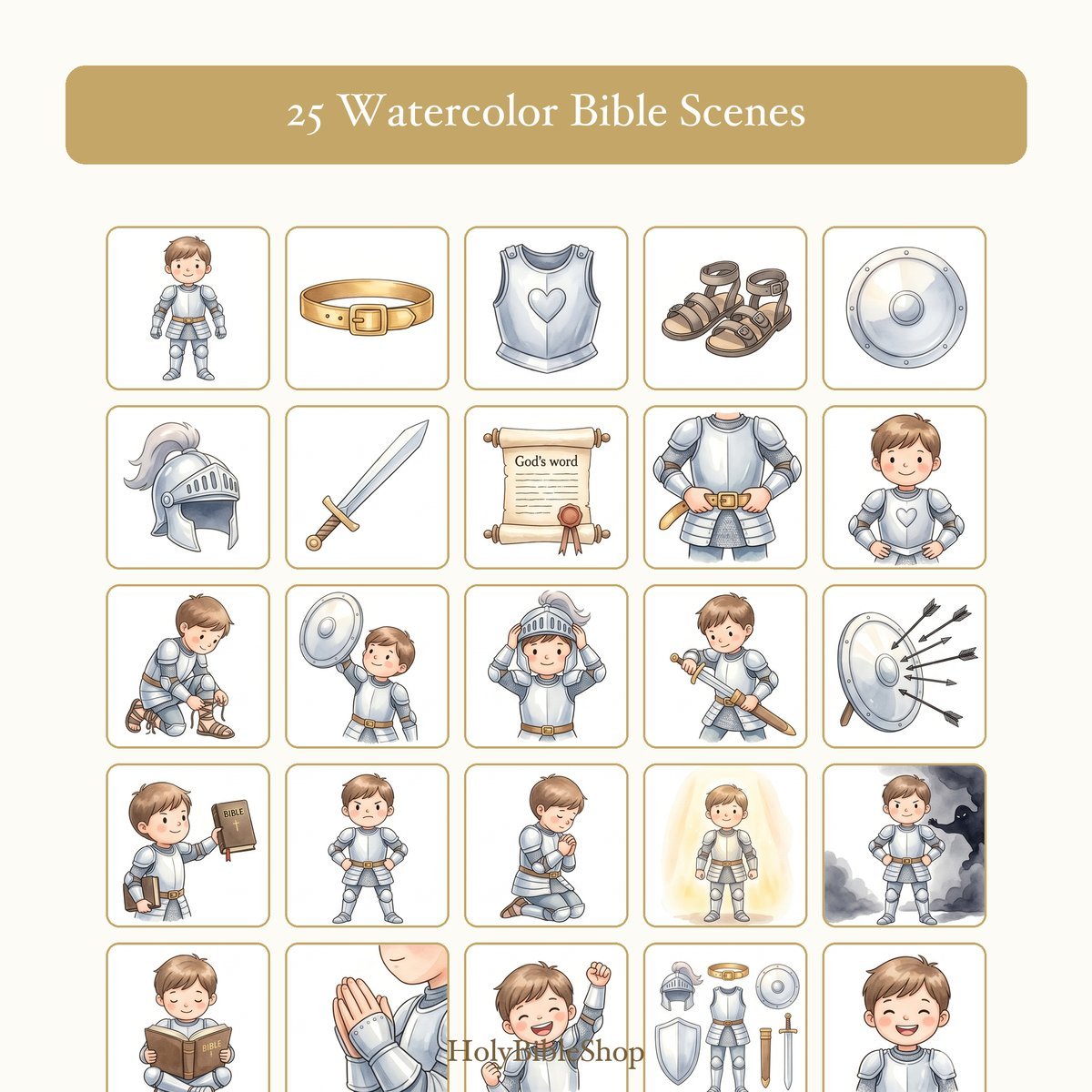 The Armor Of God Bingo | Printable Bible Bingo Game for Kids | 60 Cards Sunday School VBS Christian Watercolor PDF — image 3
