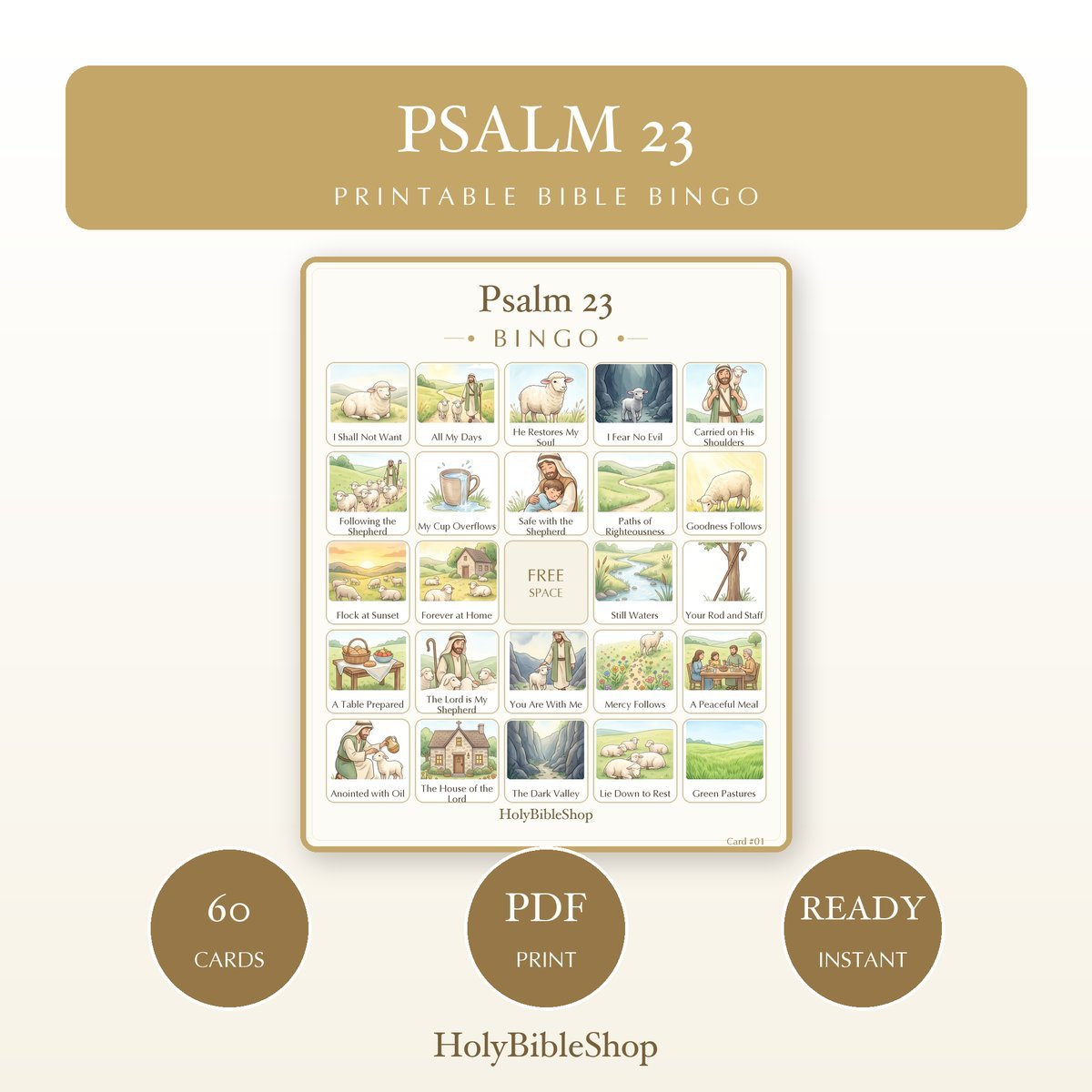 Psalm 23 Bingo | Printable Bible Bingo Game for Kids | 60 Cards Sunday School VBS Christian Watercolor PDF