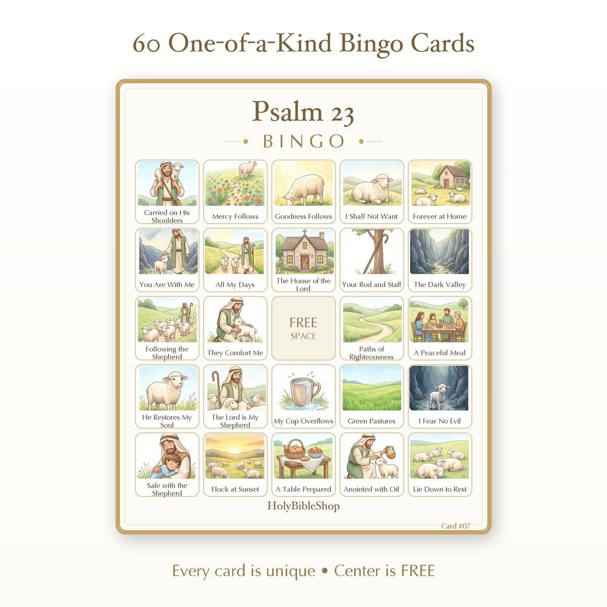 Psalm 23 Bingo | Printable Bible Bingo Game for Kids | 60 Cards Sunday School VBS Christian Watercolor PDF — image 2