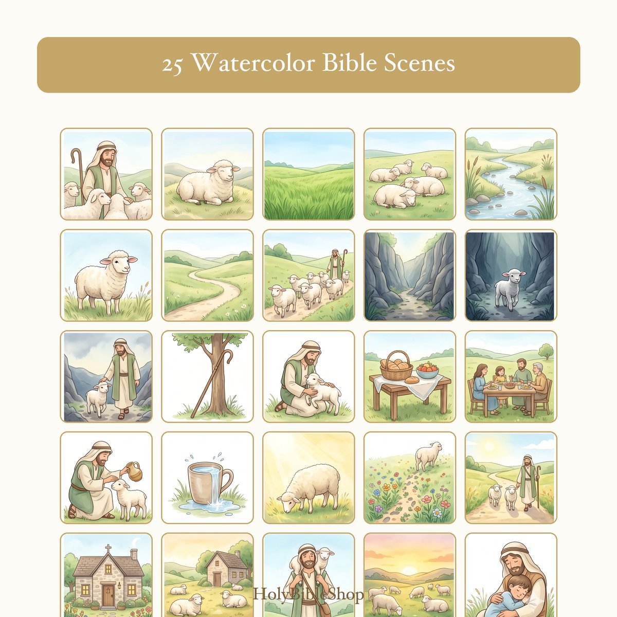 Psalm 23 Bingo | Printable Bible Bingo Game for Kids | 60 Cards Sunday School VBS Christian Watercolor PDF — image 3