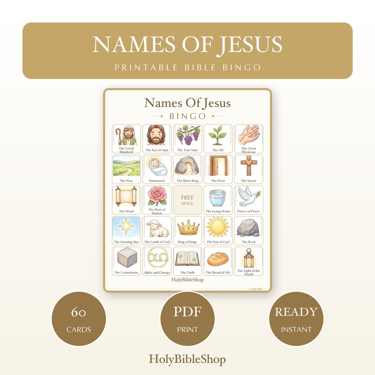 Names Of Jesus Bingo | Printable Bible Bingo Game for Kids | 60 Cards Sunday School VBS Christian Watercolor PDF