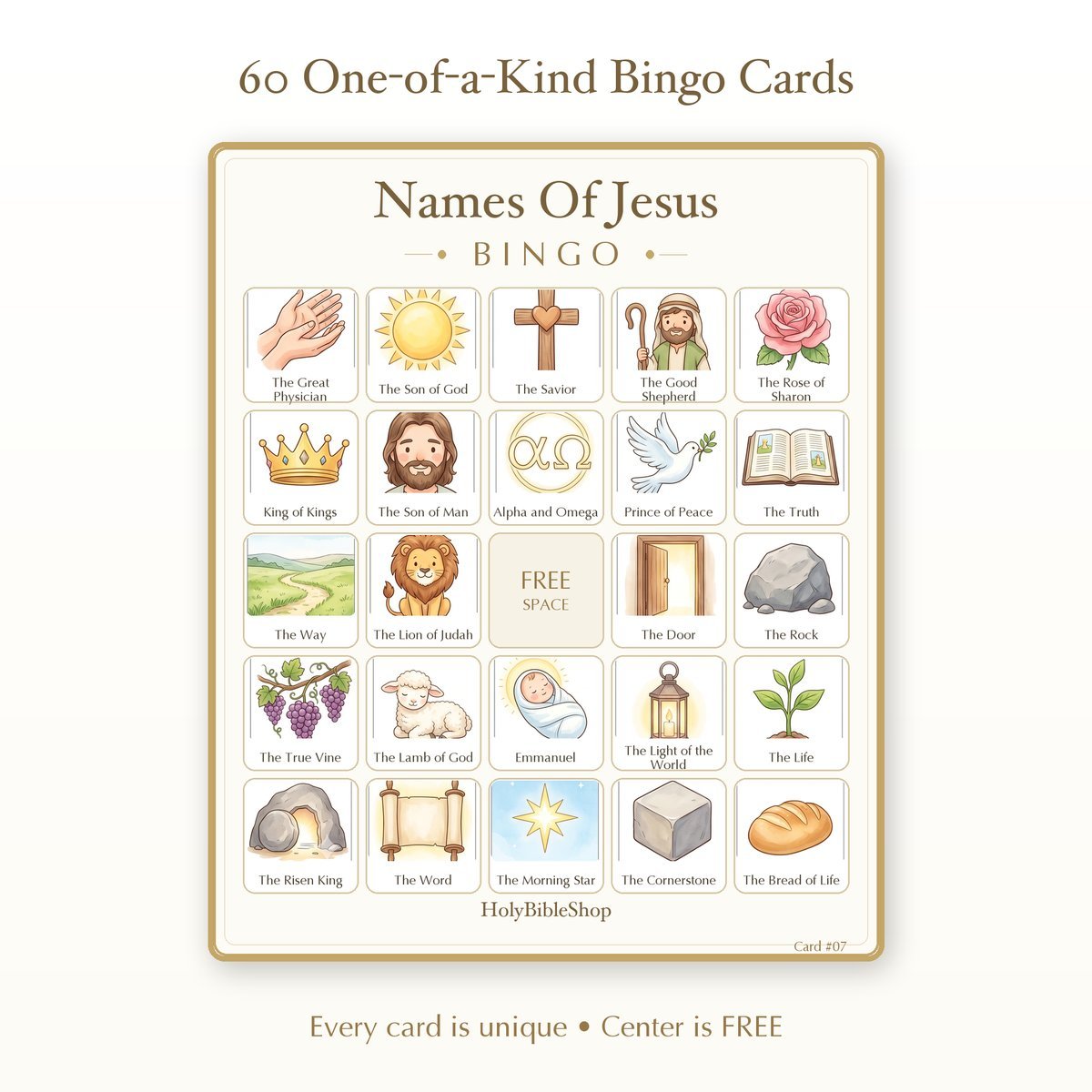 Names Of Jesus Bingo | Printable Bible Bingo Game for Kids | 60 Cards Sunday School VBS Christian Watercolor PDF — image 2