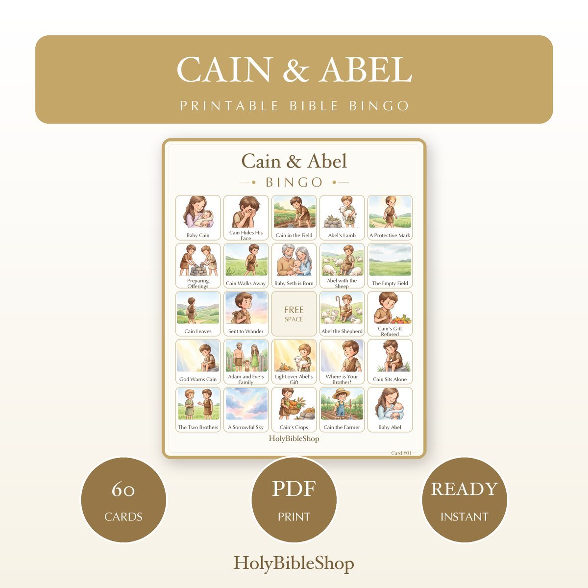 Cain & Abel Bingo | Printable Bible Bingo Game for Kids | 60 Cards Sunday School VBS Christian Watercolor PDF