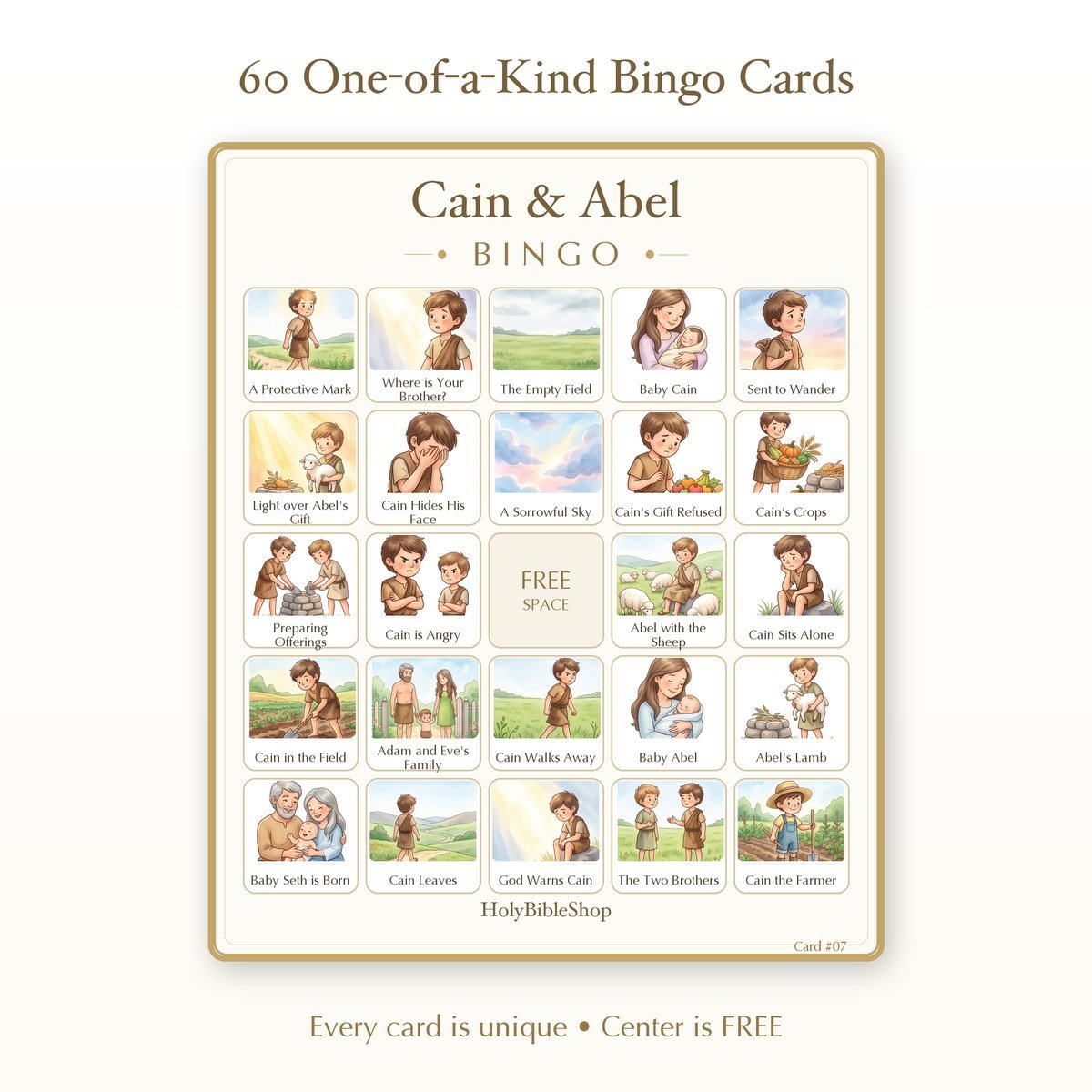 Cain & Abel Bingo | Printable Bible Bingo Game for Kids | 60 Cards Sunday School VBS Christian Watercolor PDF — image 2