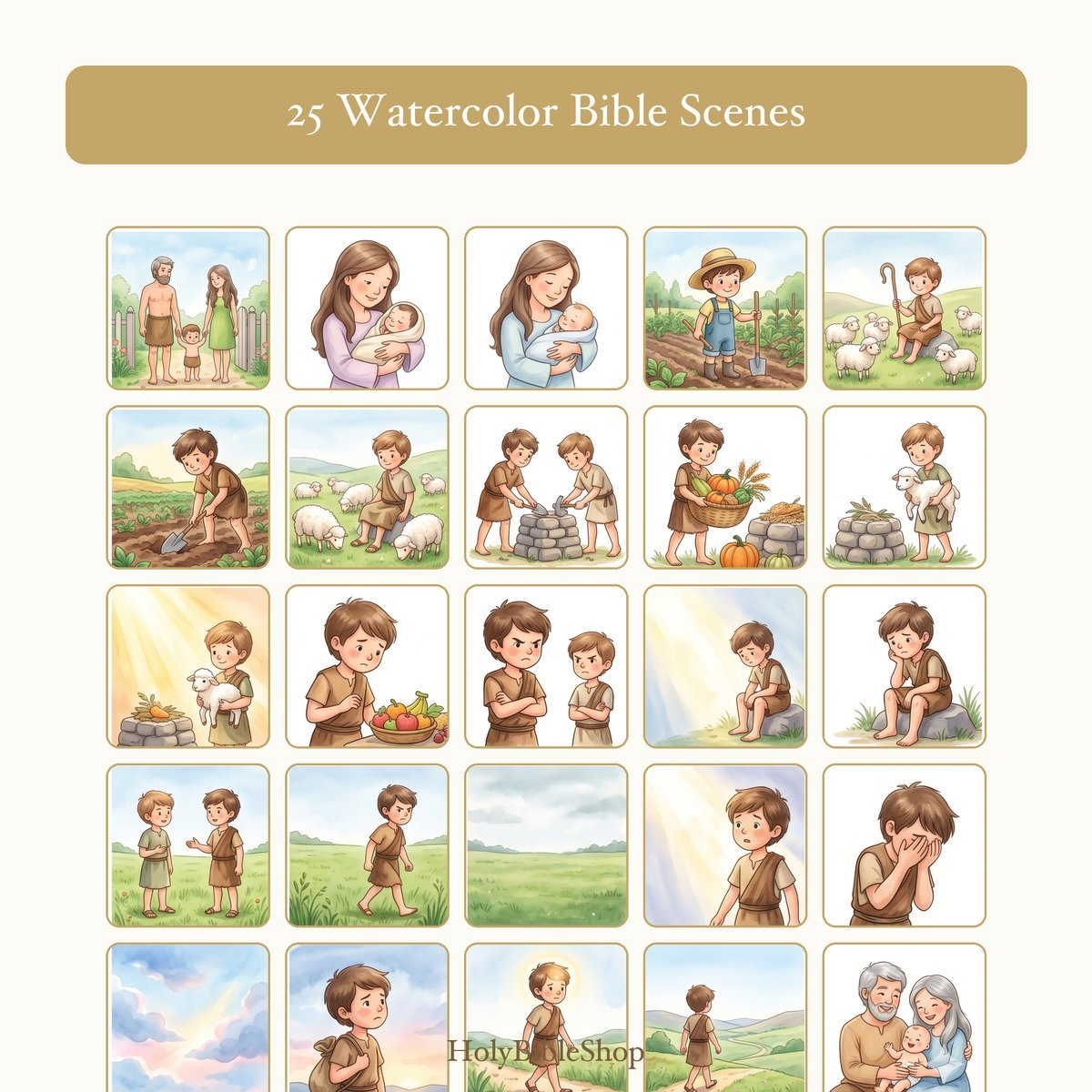 Cain & Abel Bingo | Printable Bible Bingo Game for Kids | 60 Cards Sunday School VBS Christian Watercolor PDF — image 3