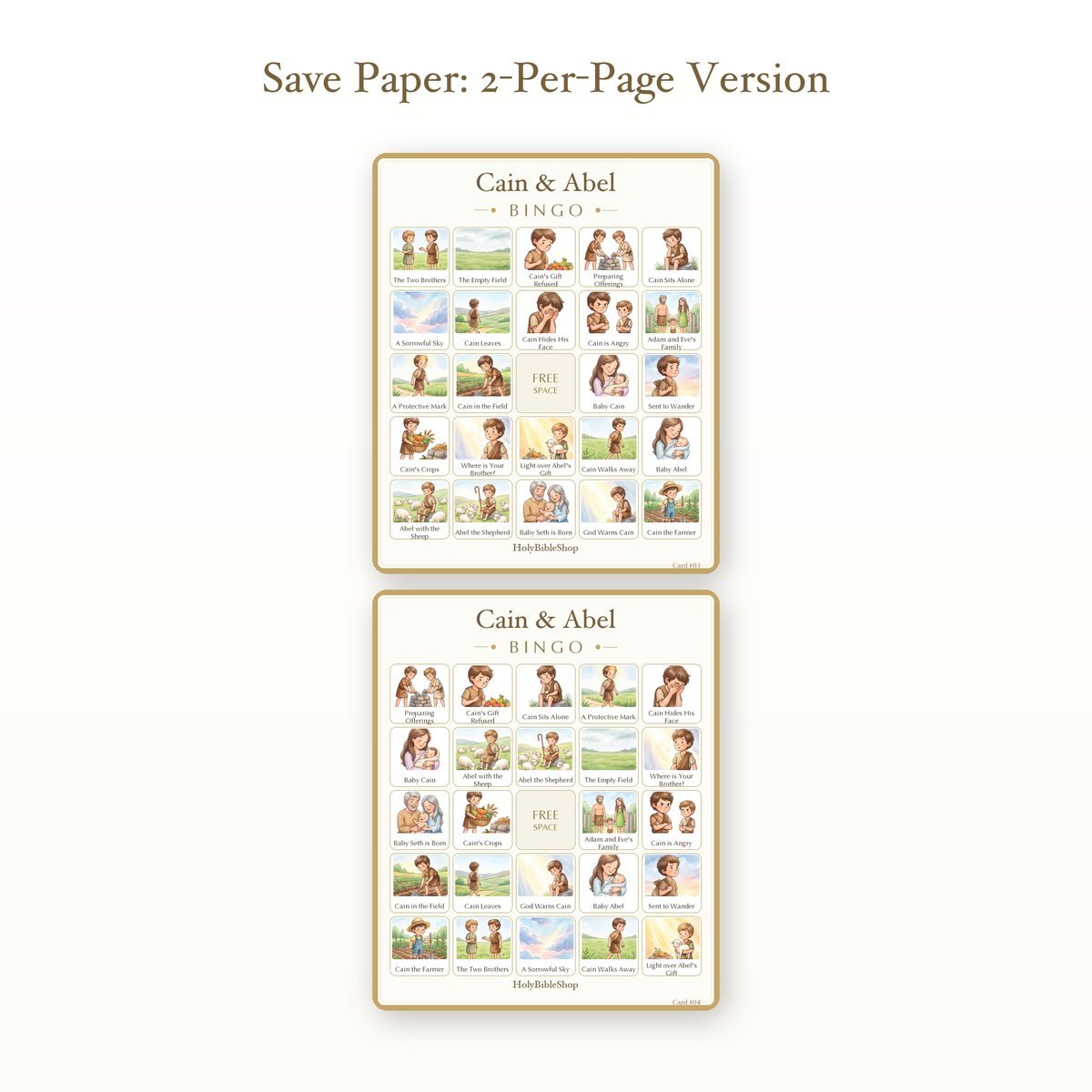 Cain & Abel Bingo | Printable Bible Bingo Game for Kids | 60 Cards Sunday School VBS Christian Watercolor PDF — image 6
