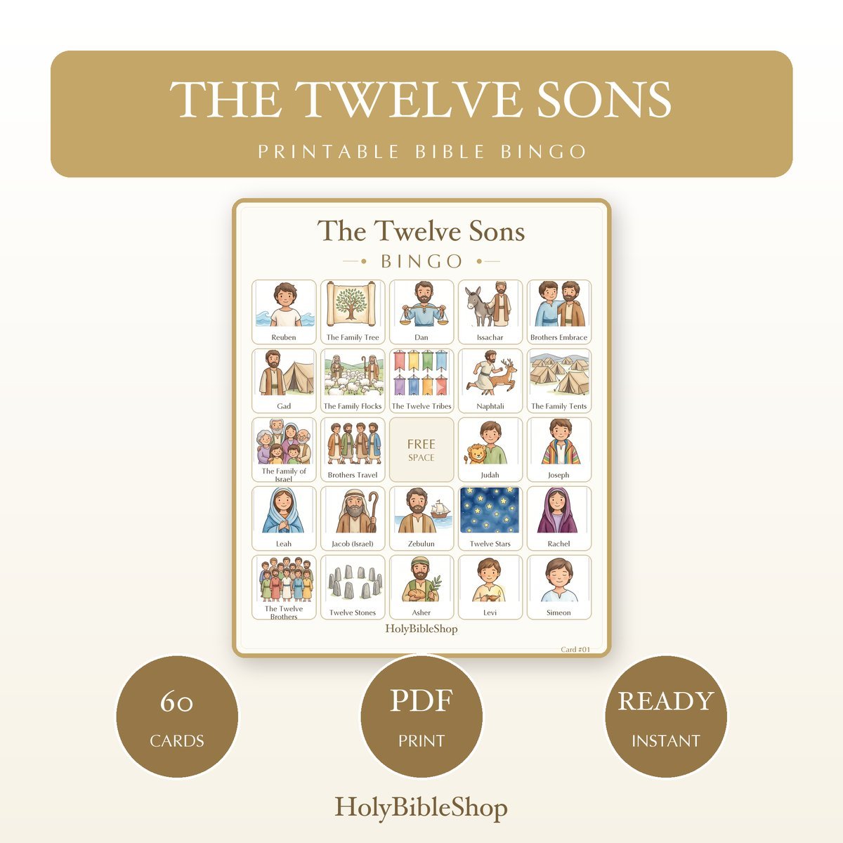 The Twelve Sons Bingo | Printable Bible Bingo Game for Kids | 60 Cards Sunday School VBS Christian Watercolor PDF